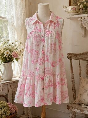 entro Cottagecore White and Pink Sleeveless Floral Button-Down Dress